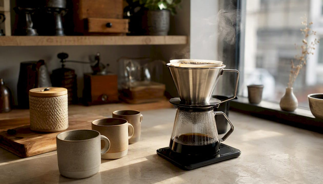 Close-up of coffee drip brewer pouring in office