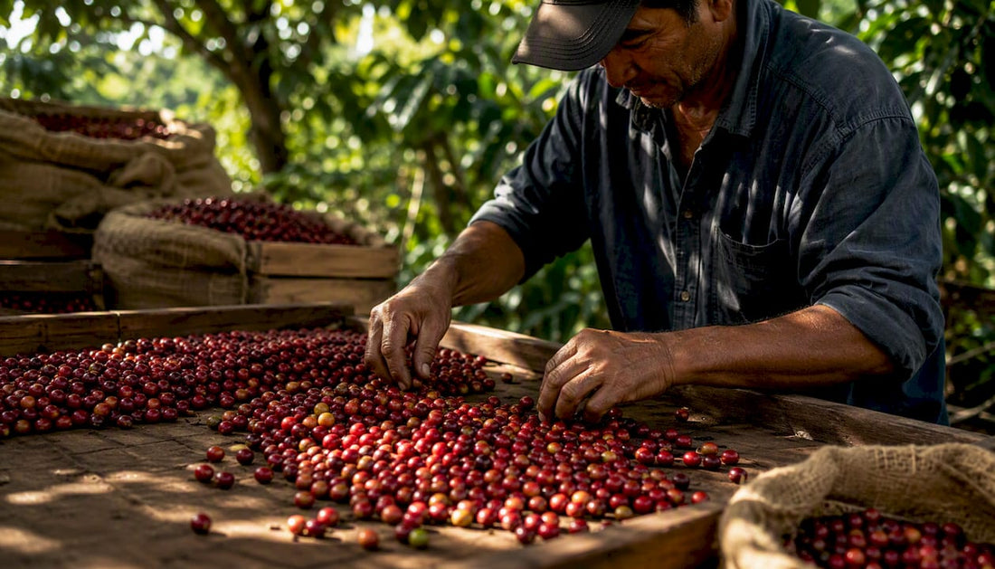 Hands sorting fresh coffee cherries