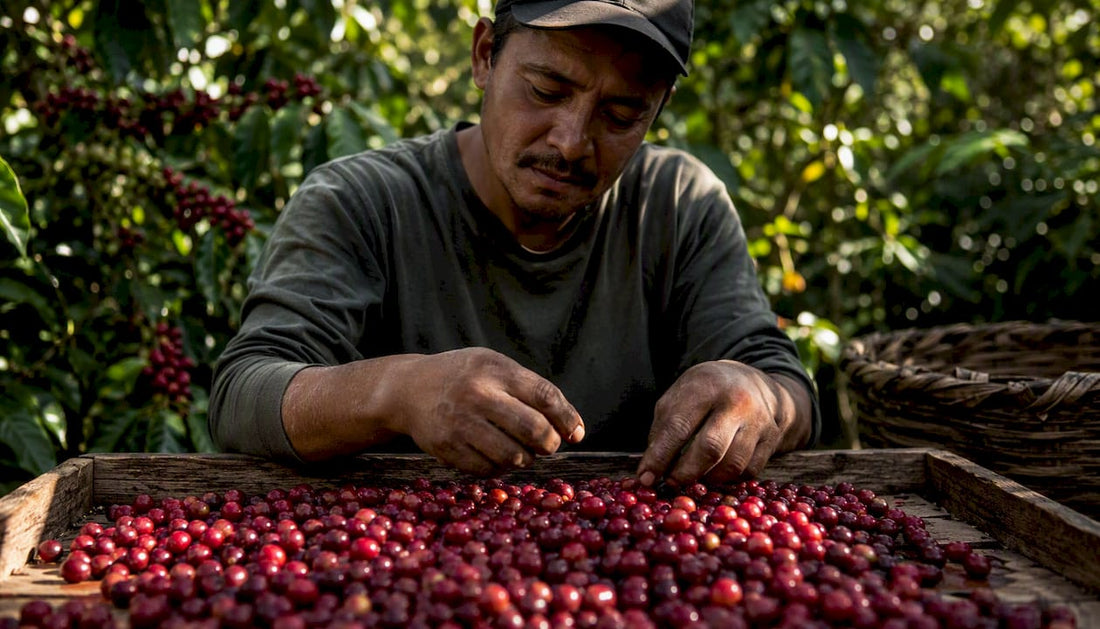 Coffee farmer sorting ripe cherries