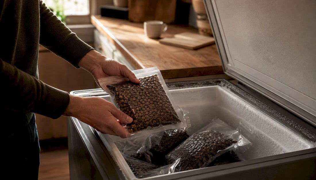 Hands placing vacuum-sealed coffee bags into freezer