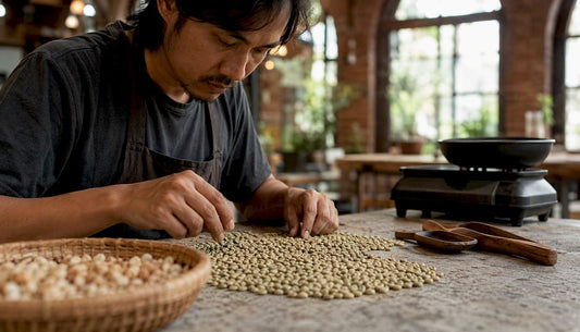 Hands sorting green coffee beans on grading table