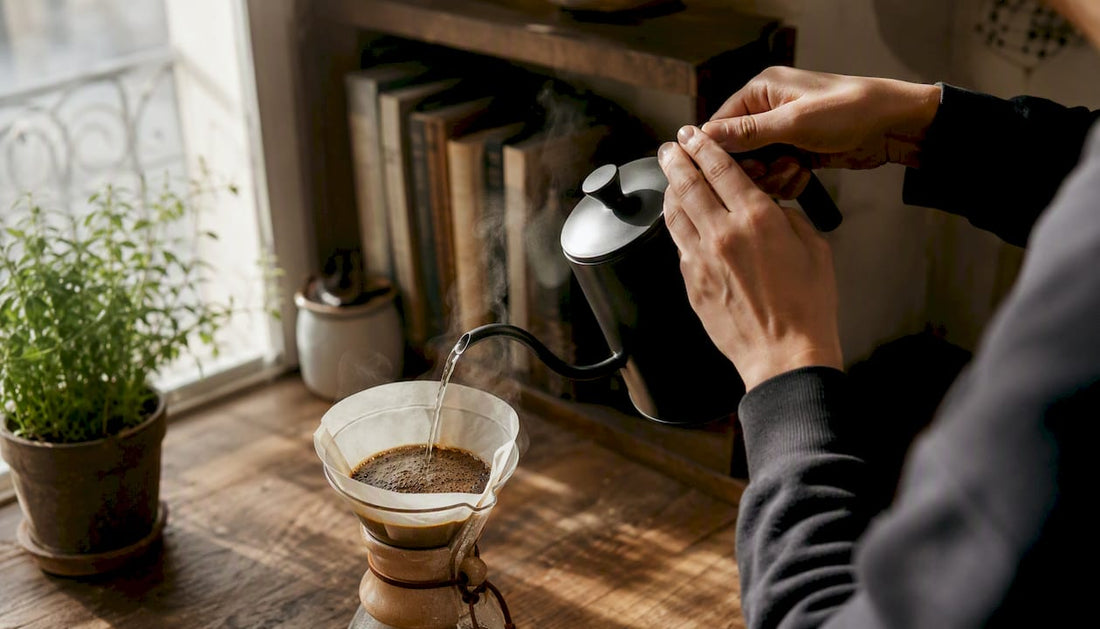 Hands pouring hot water over coffee grounds in Chemex