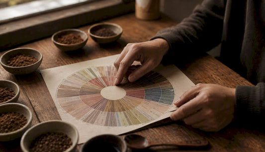 Hands holding coffee aroma wheel with coffee samples