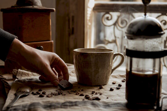 Hand placing chocolate near coffee cup in kitchen