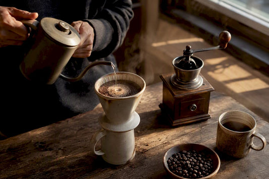 Hands pouring water over single-origin coffee grounds