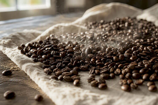 Fresh roasted coffee beans releasing gas bubbles
