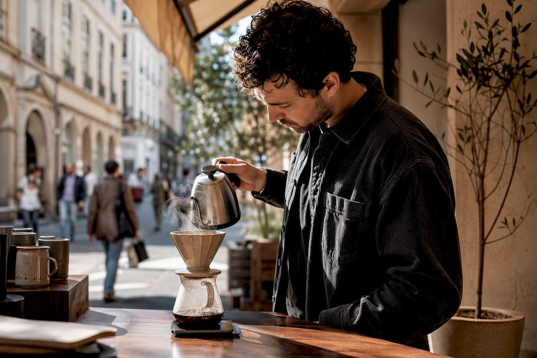 Barista pouring water over single-origin coffee in Parisian café
