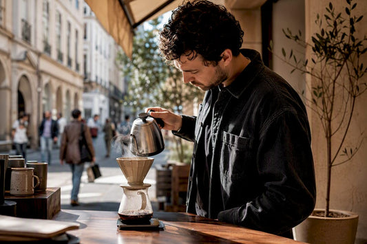 Barista pouring water over single-origin coffee in Parisian café