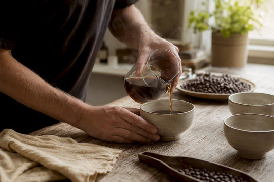 Hands pouring coffee for cupping session