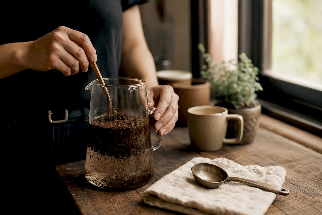 Hands preparing single-origin cold brew coffee