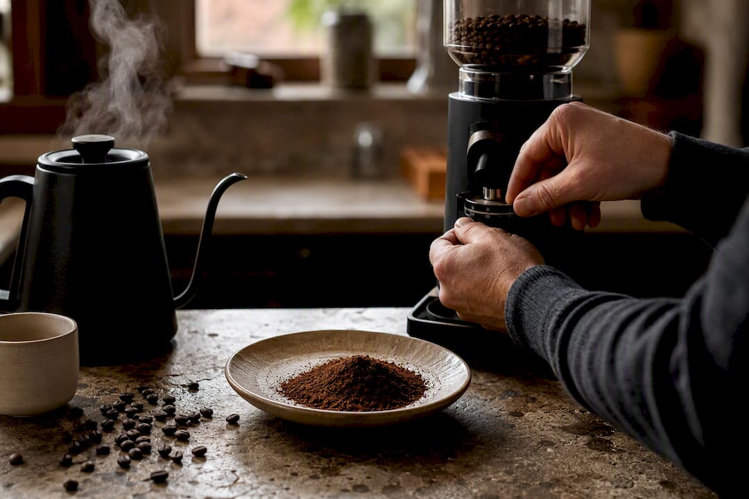 Hands adjusting burr grinder in home kitchen