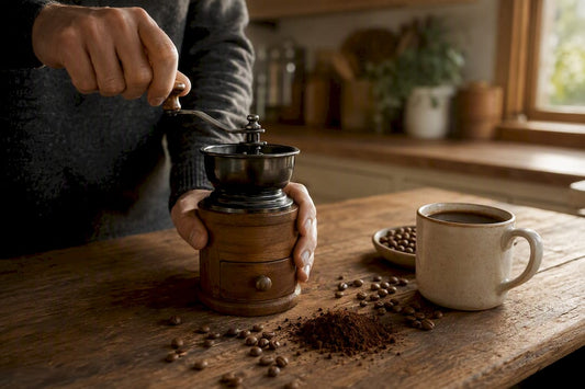 Hand grinding fresh coffee beans on rustic table