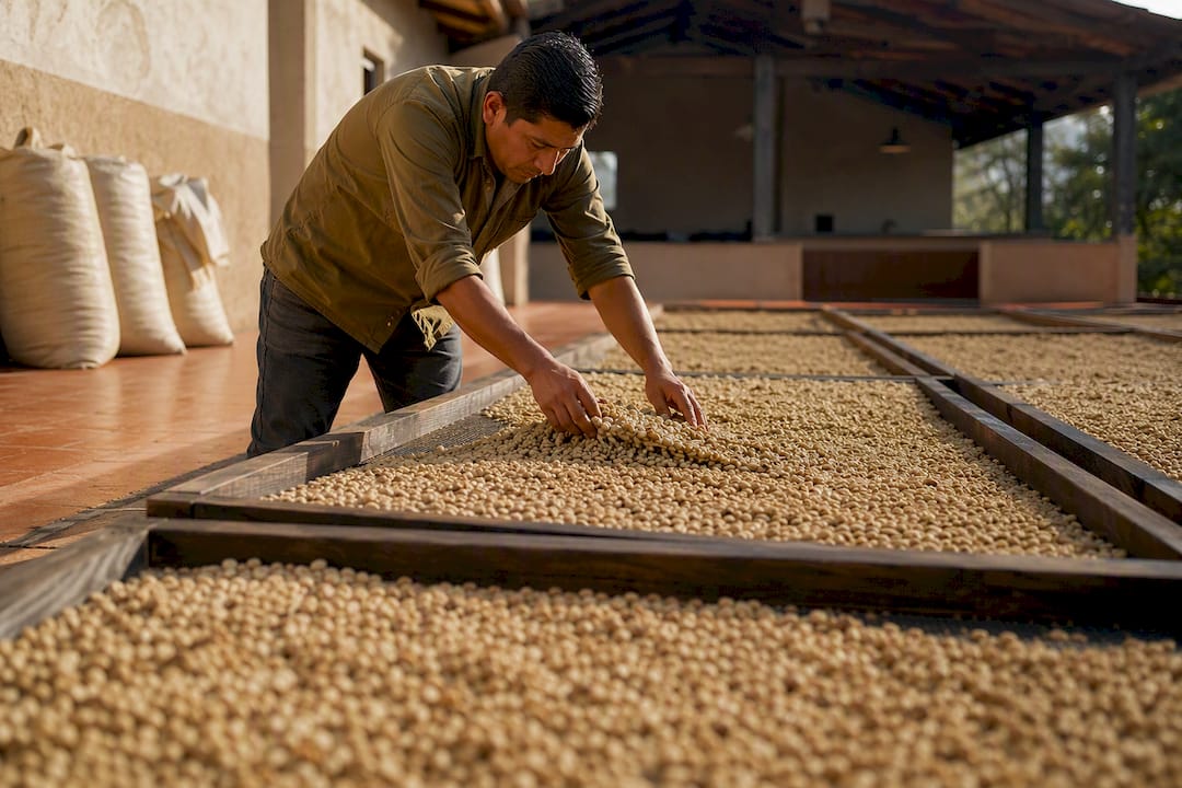 Producer turning parchment coffee on drying beds