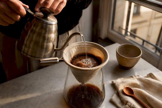 Hands brewing coffee through cloth filter