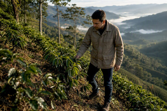 Technician inspecting coffee farm terraces