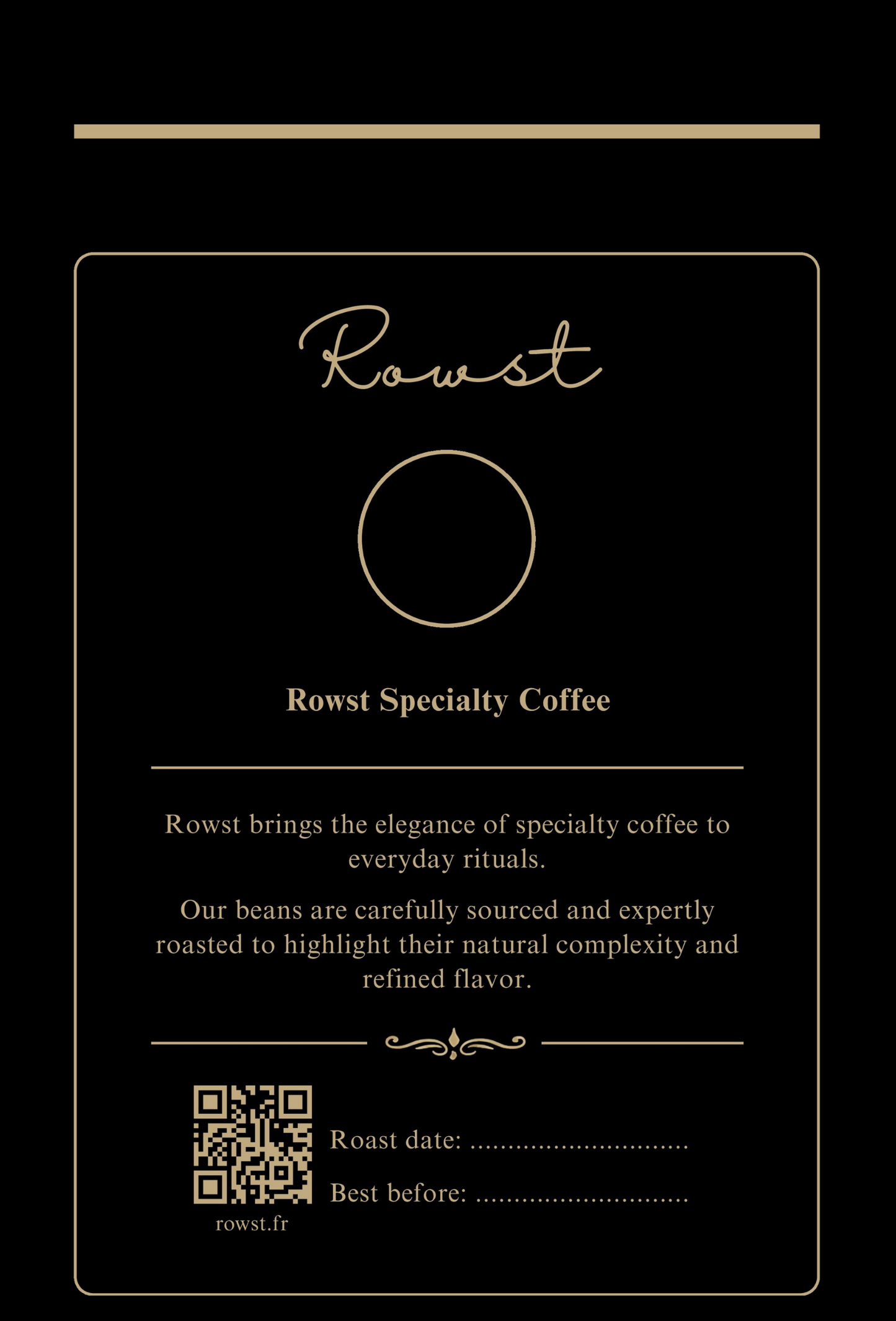 Rowst 250g coffee bag with SCA score and tasting note stickers